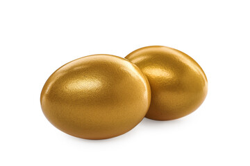 Two shiny golden eggs on white background