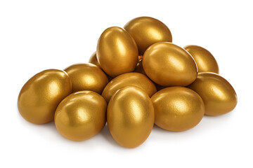 Many shiny golden eggs on white background