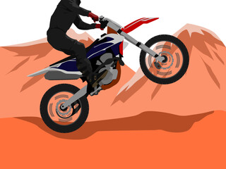 vector of a person riding a dirt bike between mountains of rocks, in wheelie style