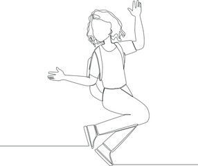 One continuous line drawing of happy walking woman going to school. Vector illustration. Happy free.