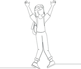 Simple continuous line drawing of happy walking woman going to school. Vector illustration. Happy free.