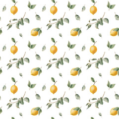 Lemon seamless pattern. Leaves, branches and fruits of lemon. The seamless pattern is suitable for print, fabric, wrapping paper, bar and menu decoration.