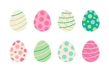 Set, collection of eight cute colorful decorated easter eggs with dots and stripe decor for Easter design.
