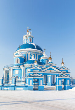 Telma village, Irkutsk region, Siberia. Beautiful old blue Orthodox church in honor of Kazan Icon of  Mother of God in classicism style of 1816 is an object of cultural heritage of peoples of Russia