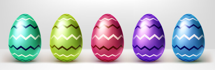 Colorful Easter eggs with zigzag lines pattern. Vector realistic set of spring holidays decoration, gifts for Easter hunt event. Collection of shiny red, green, blue and purple eggs with striped print