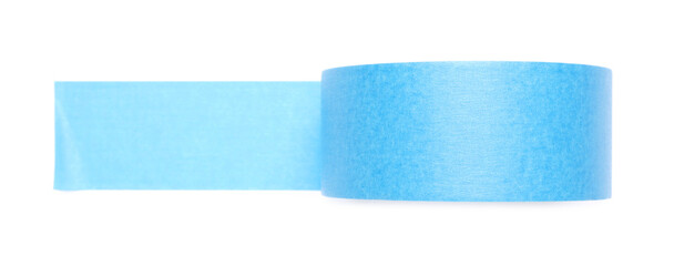 Roll of light blue adhesive tape on white background, top view