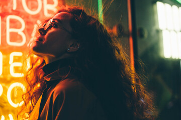 Curly haired young woman tourist with light makeup in glasses looks around standing near bar with colorful neon sign against night megalopolis - obrazy, fototapety, plakaty