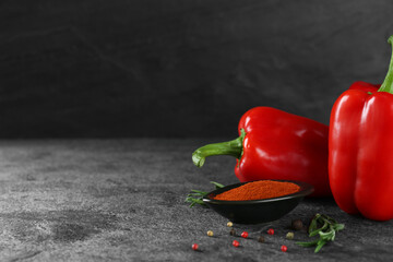 Dish of paprika with ingredients on grey table. Space for text