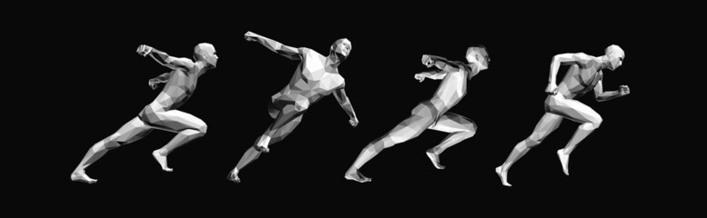 Models of polygonal people in different poses. Running man or marathon runner. Design for sport. 3D human body model. Vector for brochure, flyer, presentation, logo or banner.