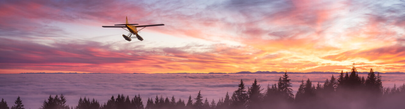 Seaplane flying over Canadian Mountain Nature Landscape on the Pacific West Coast. Cloudy and fog Winter Day. 3d Rendering Airplane Adventure Concept. Vancouver, British Columbia, Canada.