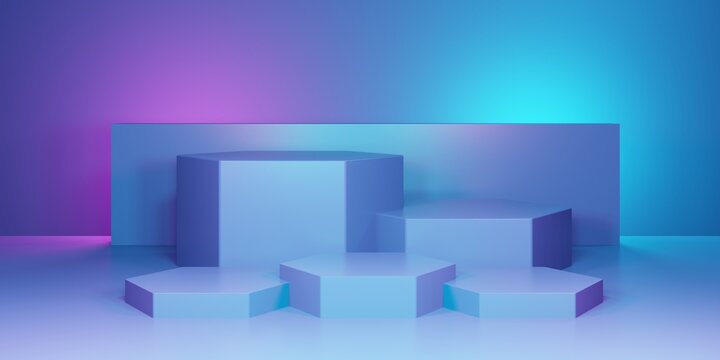 3d rendering of purple and blue abstract geometric background. Scene for advertising, technology, showcase, banner, cosmetic, fashion, business, metaverse. Sci-Fi Illustration. Product display