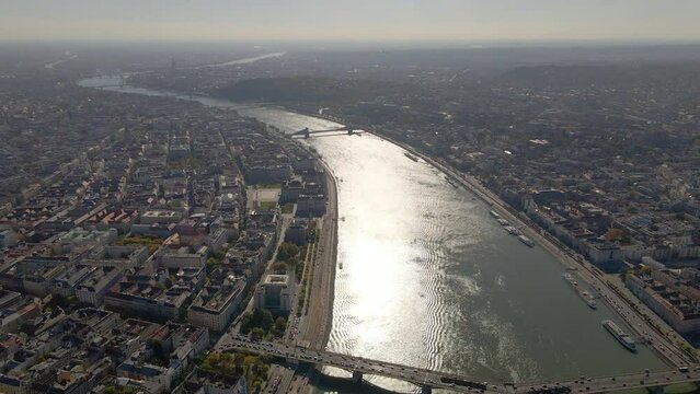 Flying over the River Danube toward Chain Bridge in Budapest