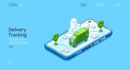 Delivery tracking banner. Online service for track cargo shipment and freight transportation. Vector landing page with isometric mobile phone with map application and truck