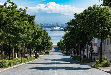 函館市の八幡坂から函館港を見下ろす風景  夏の晴れた日 - obrazy, fototapety, plakaty
