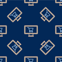 Line Shopping cart on monitor icon isolated seamless pattern on blue background. Concept e-commerce, e-business, online business marketing. Vector