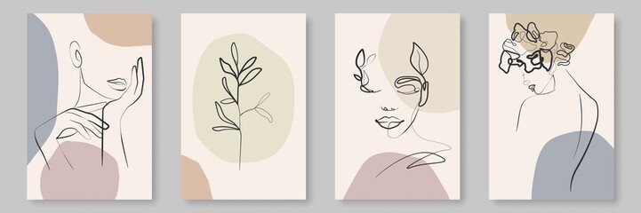 Vector Prints Set of Woman with Flowers Line Art Style. Female Head Poster. Modern Wall Art, Aesthetic Design. Perfect for Home Decor, Wall Art Posters, or t-shirt Print, Mobile Case. Vector EPS 10