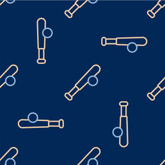 Line Baseball bat with ball icon isolated seamless pattern on blue background. Vector