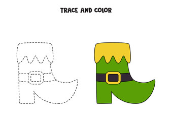 Trace and color cartoon boot. Worksheet for children.