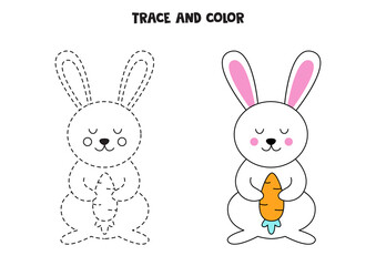 Trace and color cute Easter bunny holding a carrot. Worksheet for children.