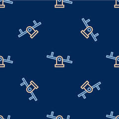 Line Seesaw icon isolated seamless pattern on blue background. Teeter equal board. Playground symbol. Vector