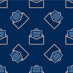 Line Envelope with christmas party invitation card icon isolated seamless pattern on blue background. Merry Christmas and Happy New Year. Vector