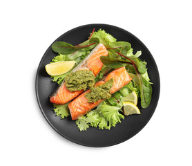 Tasty cooked salmon with pesto on white background, top view