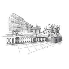 Drawing of a bank bridge with lions in the city of St. Petersburg
