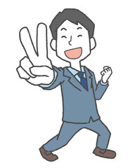 Vサインをして喜ぶ会社員男性