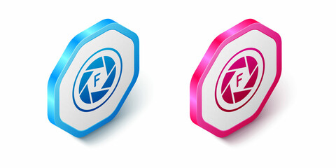 Isometric Camera shutter icon isolated on white background. Hexagon button. Vector