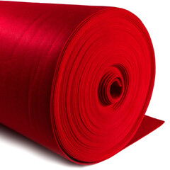A roll of red woollen fabric on a white background.
