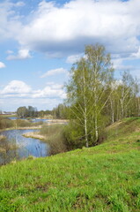Spring landscape with birches on the bank of the Uchi river. Moscow Region, Russia