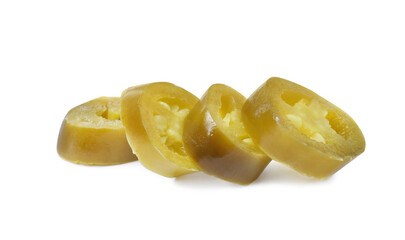 Slices of pickled green jalapeno on white background