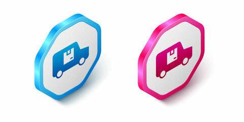 Isometric Delivery cargo truck vehicle icon isolated on white background. Hexagon button. Vector