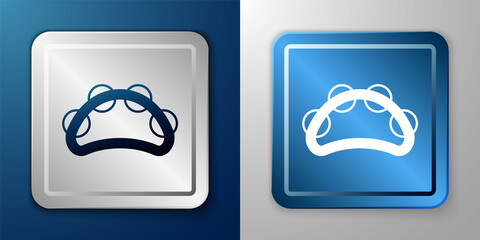White Musical instrument percussion tambourine, with metal plates icon isolated on blue and grey background. Silver and blue square button. Vector
