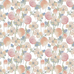 Fototapeta na wymiar Floral seamless pattern with delicate poppies and sea holly. Watercolor illustration in vintage style for wallpaper. Print on fabric in boho style. Meadow plants background in Provence style.