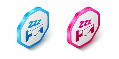 Isometric Time to sleep icon isolated on white background. Sleepy zzz. Healthy lifestyle. Hexagon button. Vector