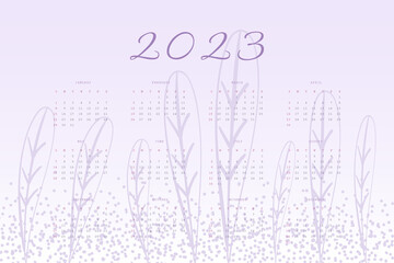 2023 calendar trendy very peri lavender palette with hand drawn botanical elements.