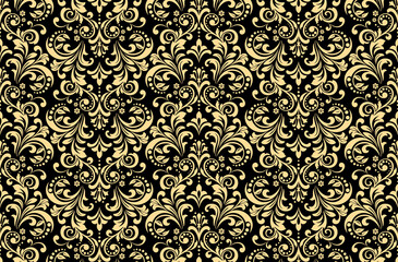Wallpaper in the style of Baroque. Seamless vector background. Gold and black floral ornament. Graphic pattern for fabric, wallpaper, packaging. Ornate Damask flower ornament