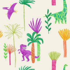 Seamless pattern with funny dinosaurs and tropical plants.