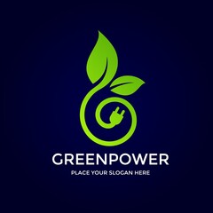 Obraz premium Green power vector logo template. This design use leaves and plug symbol. Suitable for technology.