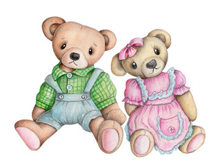 Cute cartoon toy animals - fun Teddy bear couple boy and girl, watercolor hand drawn illustration for children, isolated onwhite background. Perfect for any design, prints, book illustrations, cards.