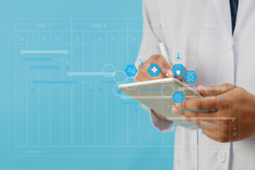 healthcare and medical doctor smart tablet device  doctor analyzing medical report at the hospital...