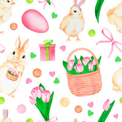 Seamless Easter pattern.Tulip, chicken, bunny.Watercolor illustration.Isolated on a white background