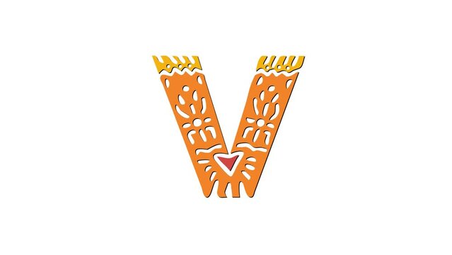 Letter V. Ethnic ornament, national pattern in letter. 3 colors. 4K video. Isolated on white background. Cartoon Animation. Capital Letter V for education, erudition, ABC, software, interface game.