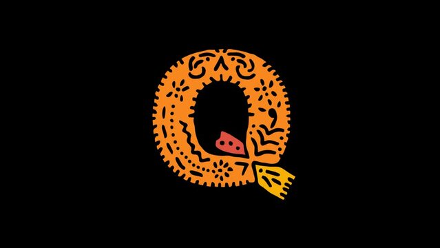 Letter Q. 4K, Transparent Alpha channel. Cartoon Animation, Shake twitch effect. Ethnic ornament, national folk pattern in letter. 3 colors. Capital Letter Q for ABC education, erudition, game.