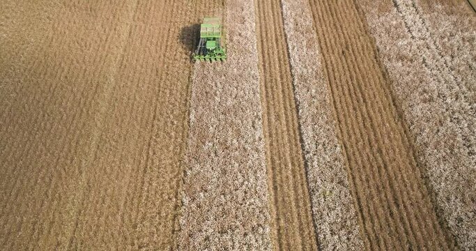Kibbutz, Israel - 25 November 2021: Aerial view of a combine picking cotton in the field, Kibbutz Saar, Mate Asher,  Israel