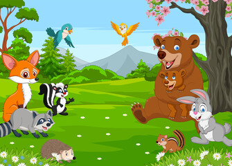 Group of happy animals cartoon in the jungle