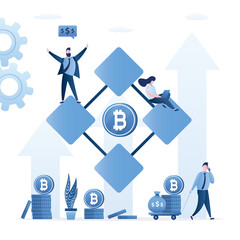 Making profit from blockchain technology. Group of traders or investors buy and sell cryptocurrency. Bitcoin mining. Profitable financial instrument, virtual finance.