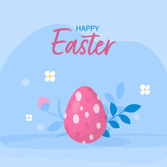Happy Easter Celebration Poster Design With Printed Egg And Floral On Blue Background.