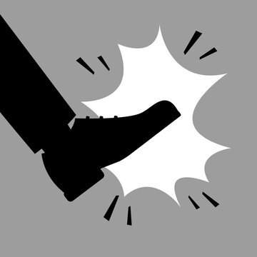 Boot kick. Silhouette of male leg. Aggression, mental problems, fighting. Unemployment, dismissal from work. Monochromatic design.